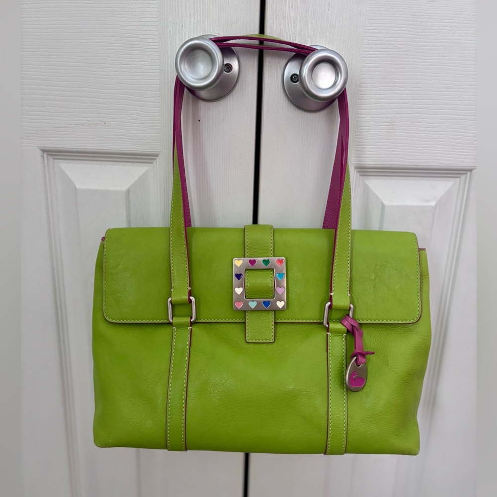 Dooney & Bourke Green Leather Shoulder Bag with Heart Buckle